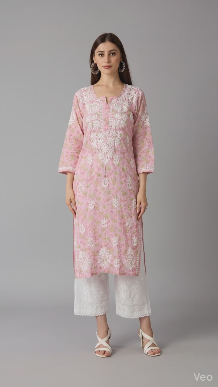 Lucknow Chikankari Hand Embroidered Long Kurta Mulmul Cotton
