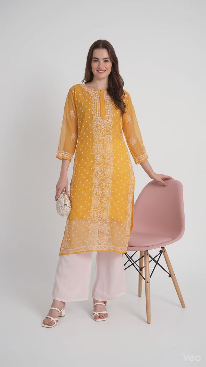 Lucknow Chikankari Hand Embroidered Kurta with Matching Inner, Georgette