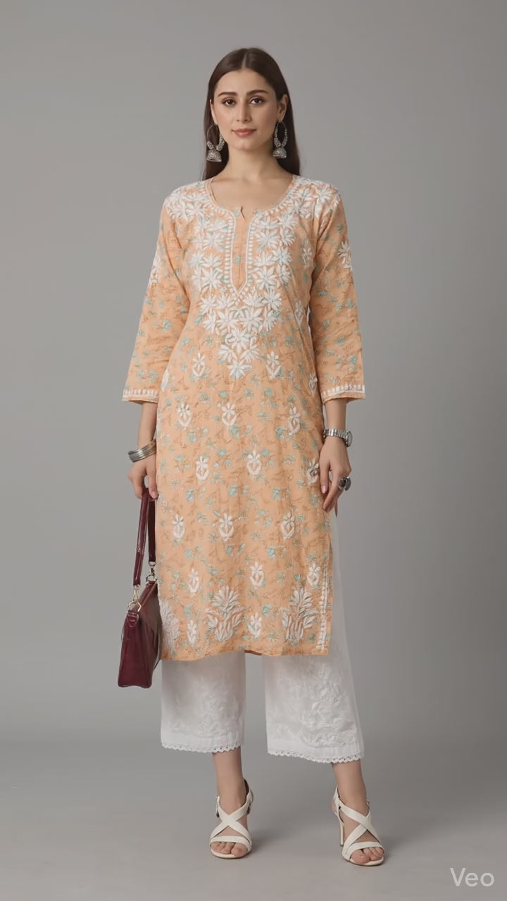 Lucknow Chikankari Hand Embroidered Long Kurta Mulmul Cotton