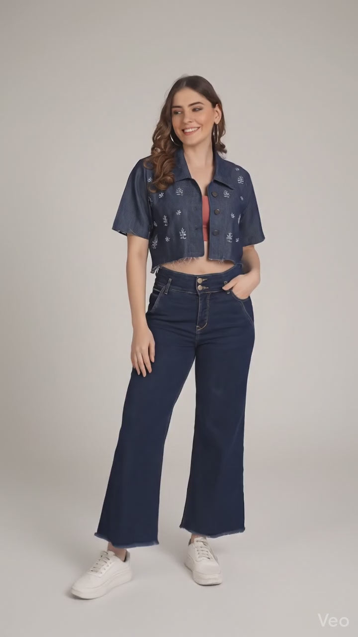 Lucknow Chikankari Hand Embroidered Crop top Denim Jacket