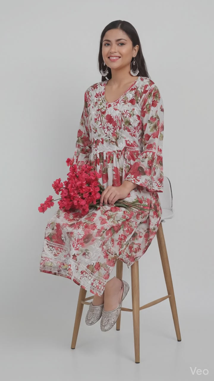 Lucknow Chikankari Hand Embroidered Fit and Flare Angrakha Long Kurta Mulmul Cotton