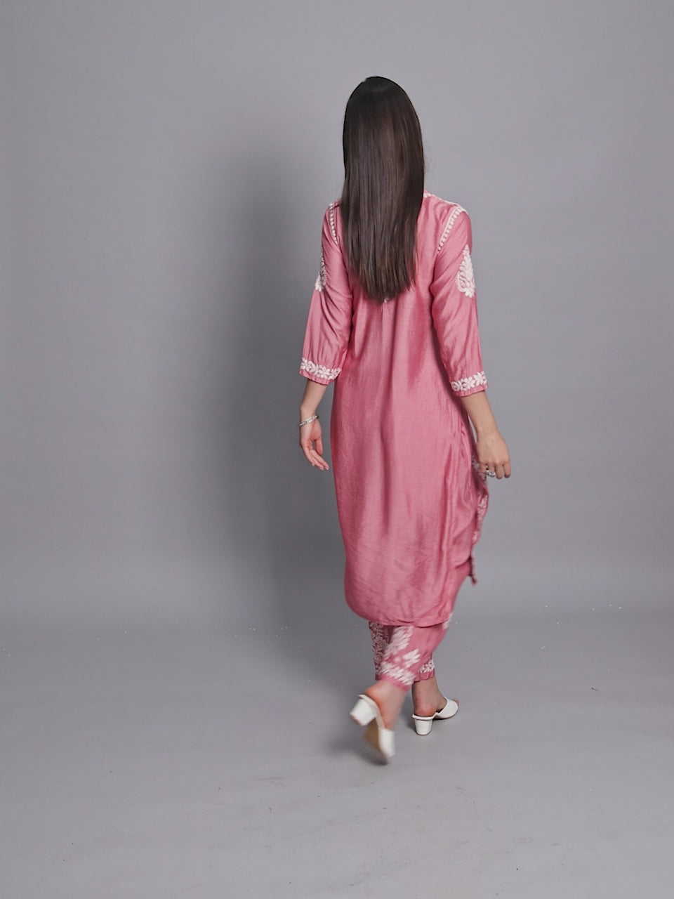 Lucknow Chikankari Hand Embroidered Kurta and Palazzo Set Chanderi Silk