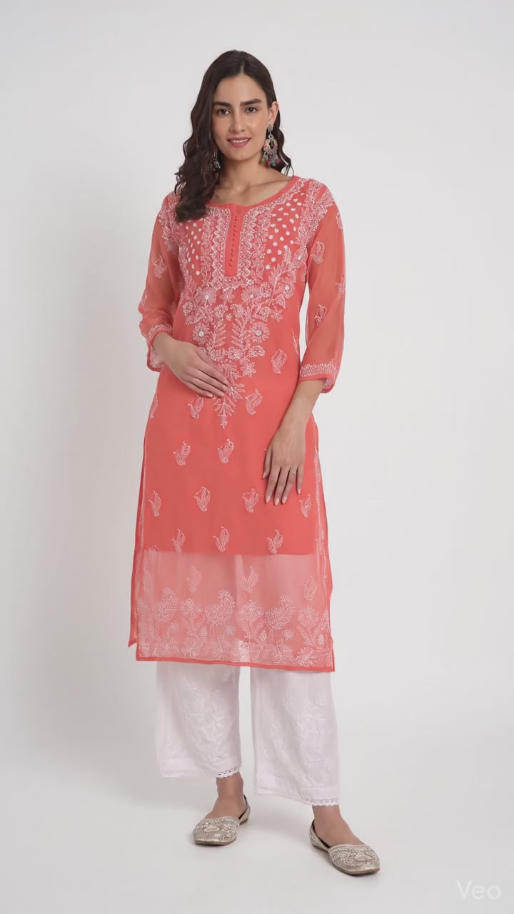 Lucknow Chikankari Hand Embroidered Kurta with Matching Inner, Georgette