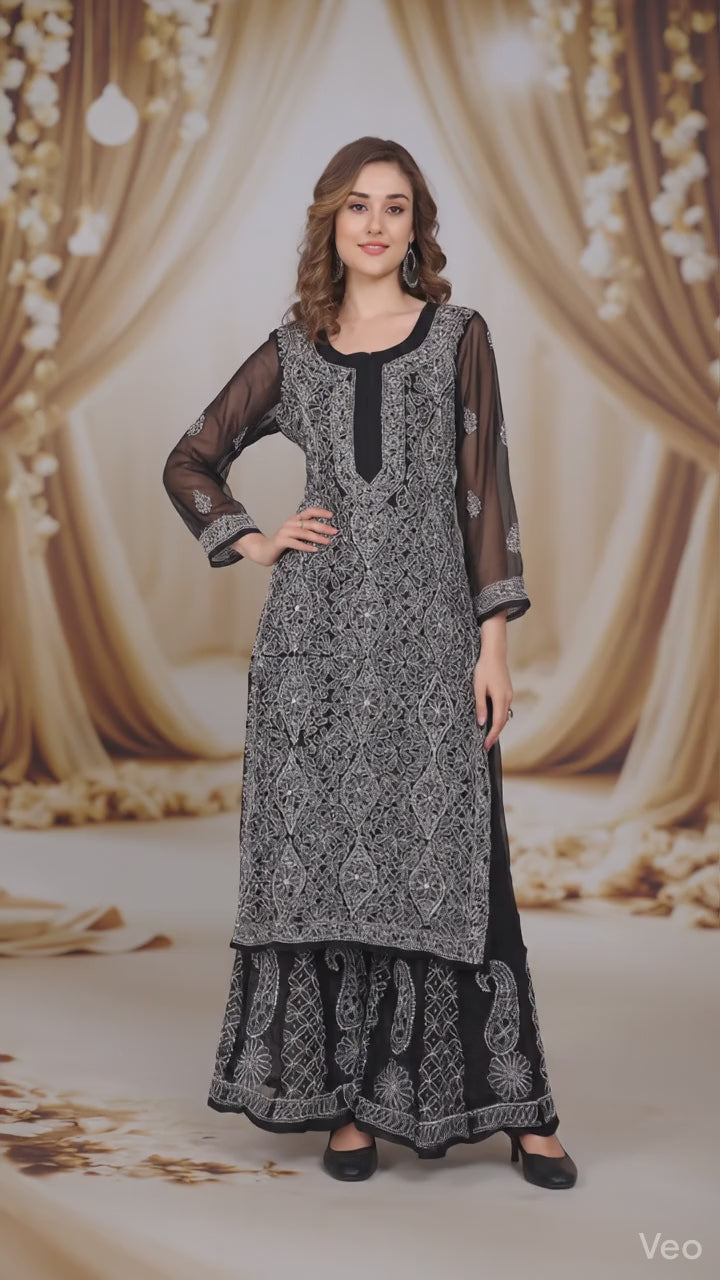 Lucknow Chikankari Hand Embroidered Long Kurta  with Sharara Set