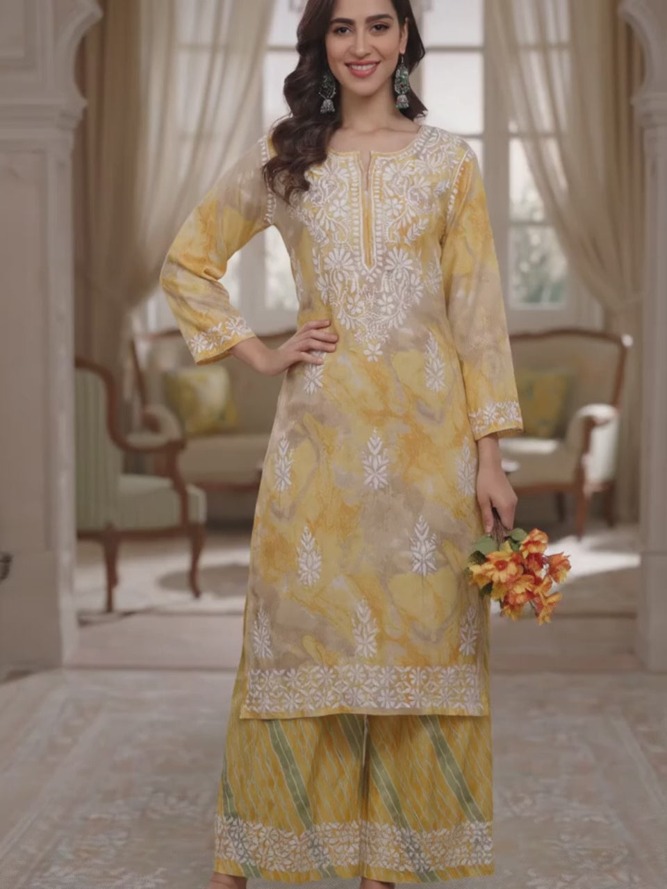 Lucknow Chikankari Hand Embroidered Kurta and Palazzo  Set Rayon Slub