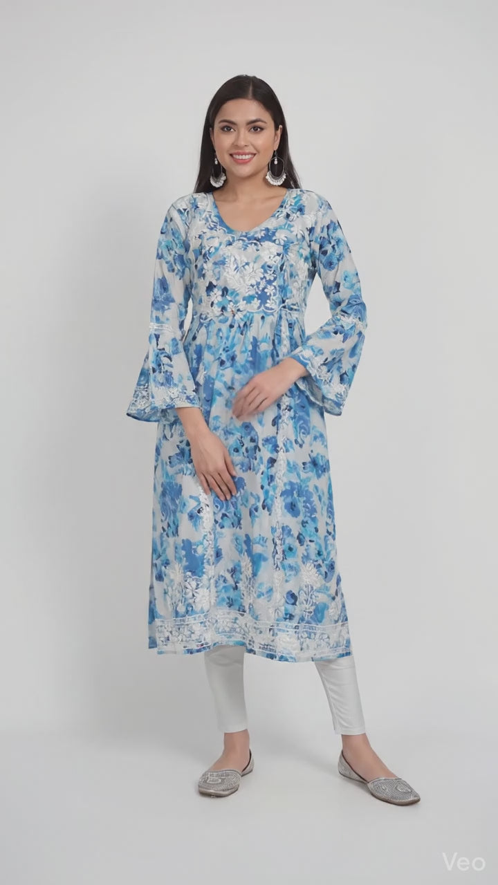 Lucknow Chikankari Hand Embroidered Fit and Flare Angrakha Long Kurta Mulmul Cotton