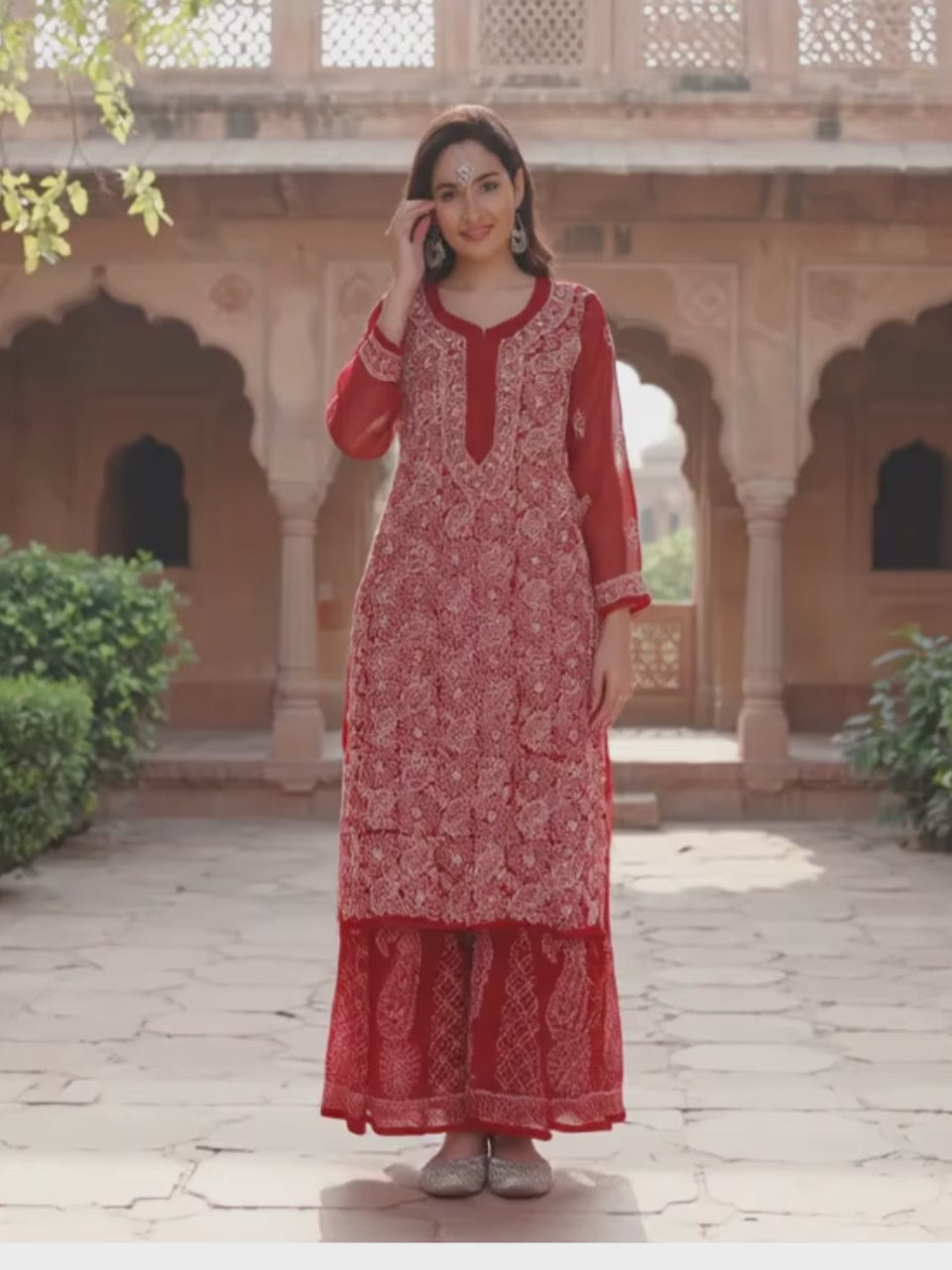Lucknow Chikankari Hand Embroidered Long Kurta  with Sharara Set