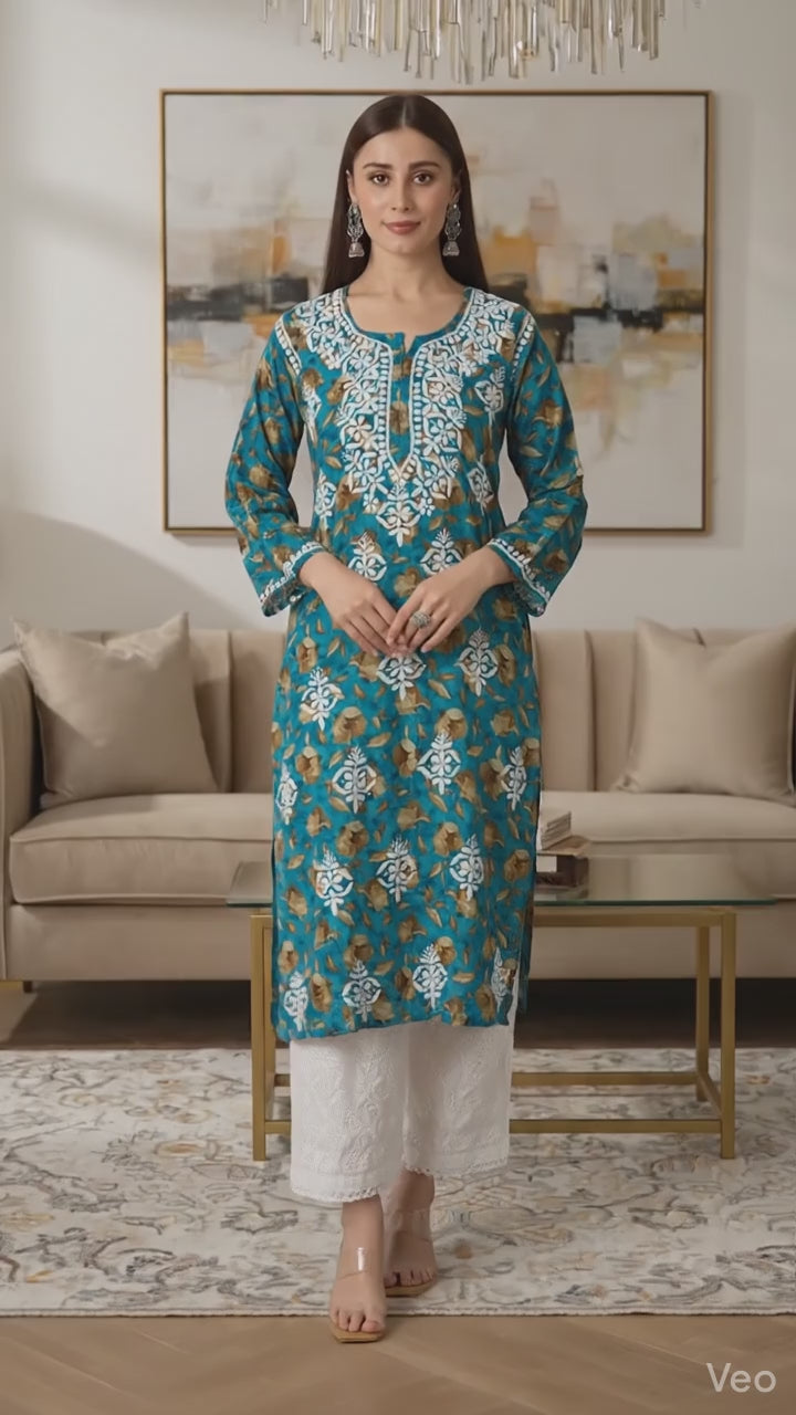 Lucknow Chikankari Hand Embroidered Long Kurta Mulmul