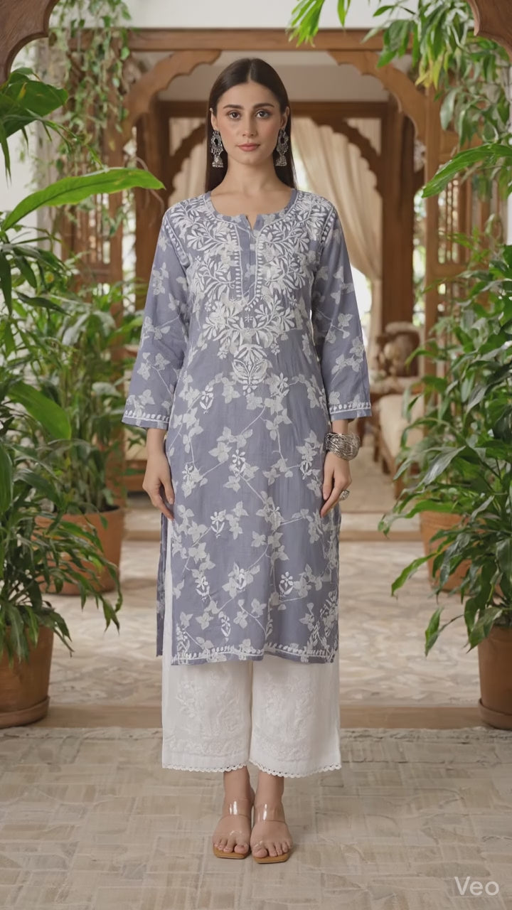 Lucknow Chikankari Hand Embroidered Long Kurta Mulmul