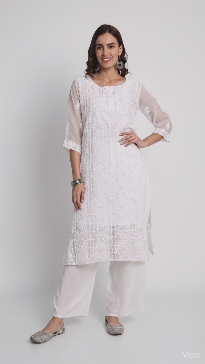 Lucknow Chikankari Hand Embroidered Kurta with Matching Inner, Georgette