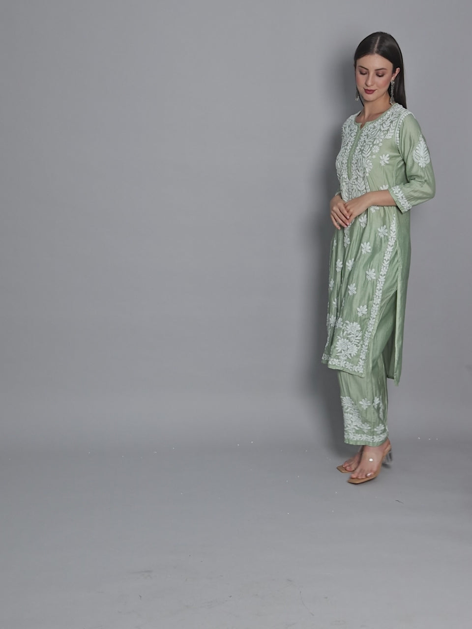 Lucknow Chikankari Hand Embroidered Kurta and Palazzo Set Chanderi Silk