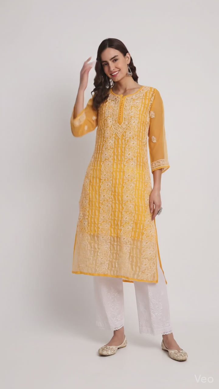 Lucknow Chikankari Hand Embroidered Kurta with Matching Inner, Georgette