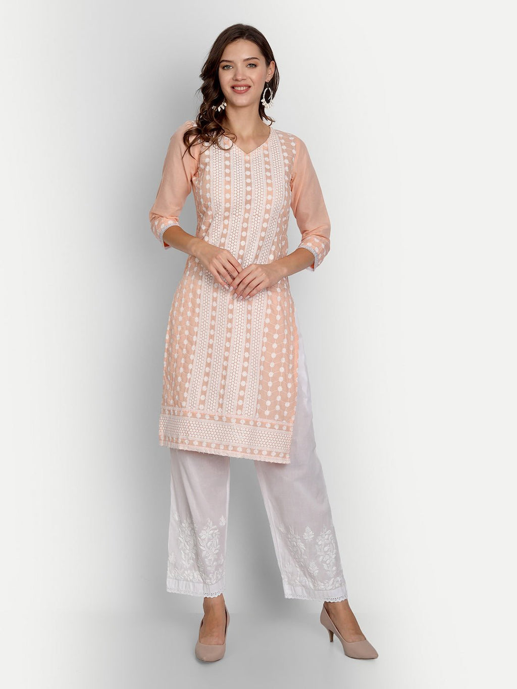 Women Chikankari Hand Embroidered Palazzo Cotton White - Indiankala4u