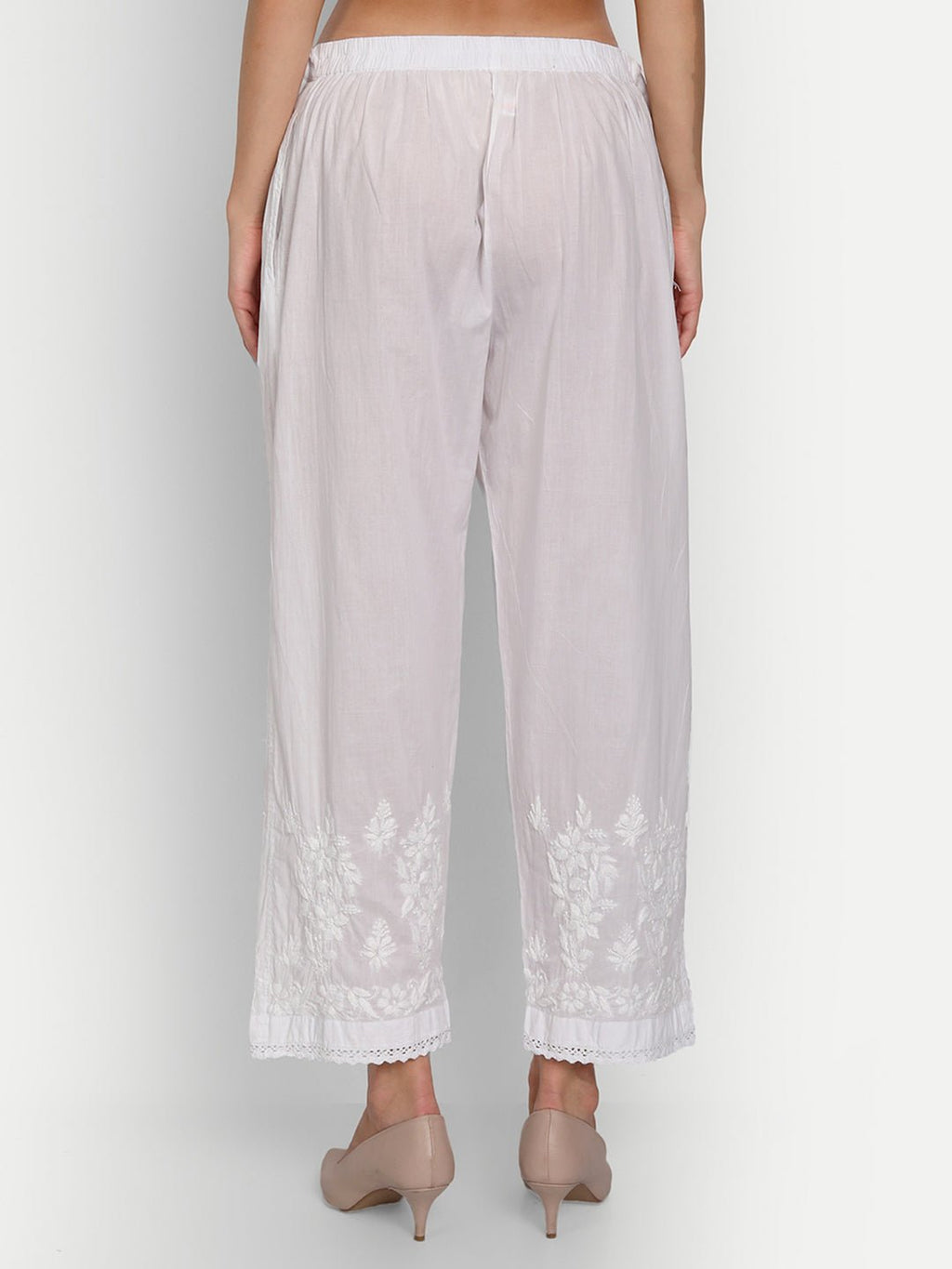 Women Chikankari Hand Embroidered Palazzo Cotton White - Indiankala4u