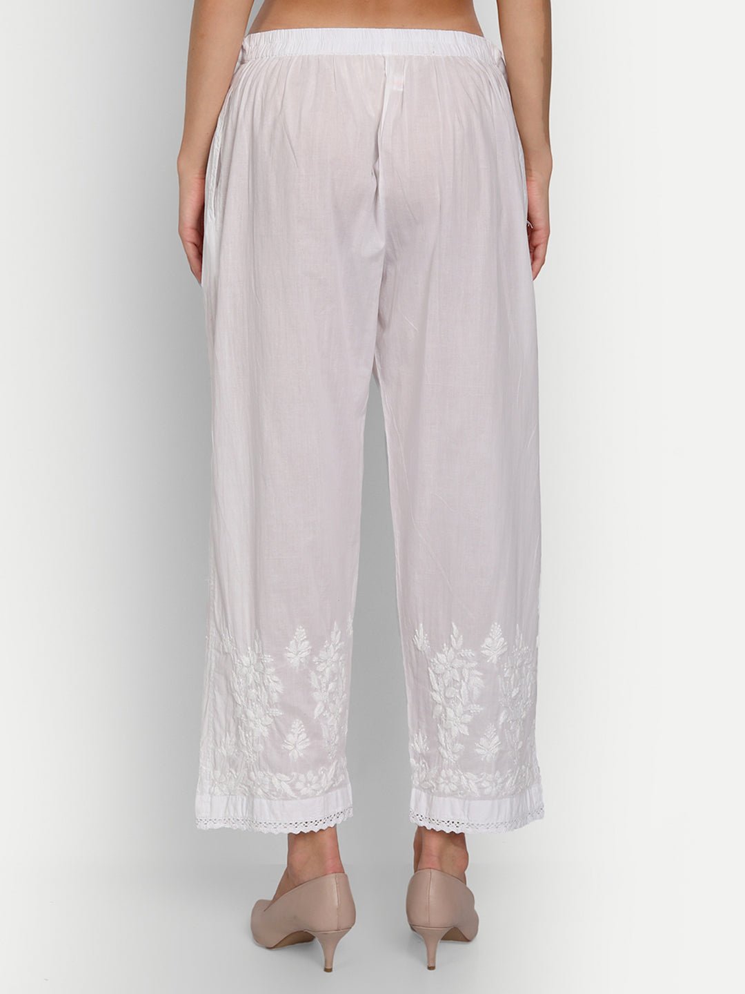 Women Chikankari Hand Embroidered Palazzo Cotton White - Indiankala4u