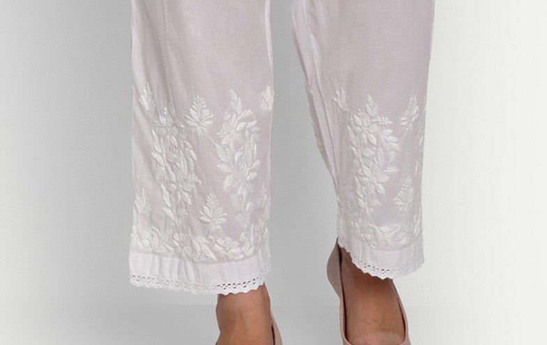 Women Chikankari Hand Embroidered Palazzo Cotton White - Indiankala4u