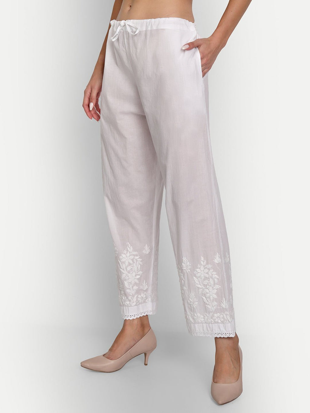 Women Chikankari Hand Embroidered Palazzo Cotton White - Indiankala4u