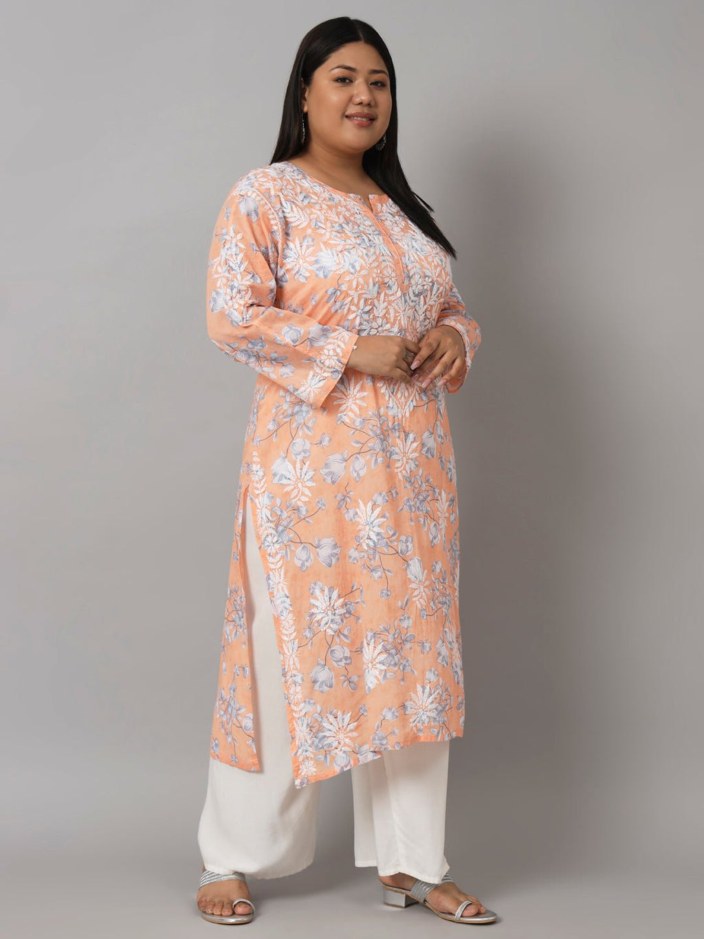 Women’s Hand Embroidered Chikankari Long Kurta in Mulmul Cotton – Available in Plus Sizes - Indiankala4u