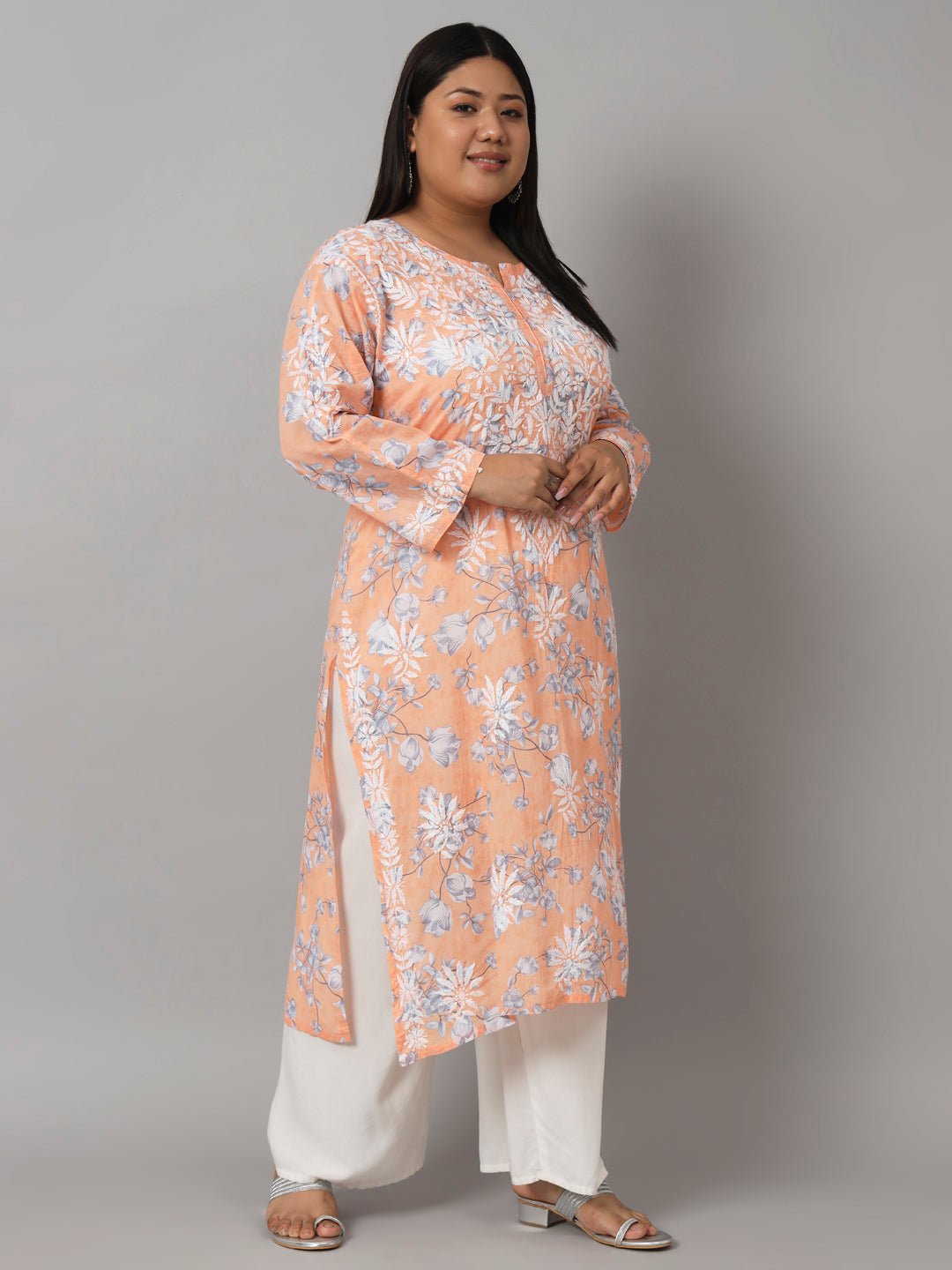 Women’s Hand Embroidered Chikankari Long Kurta in Mulmul Cotton – Available in Plus Sizes - Indiankala4u