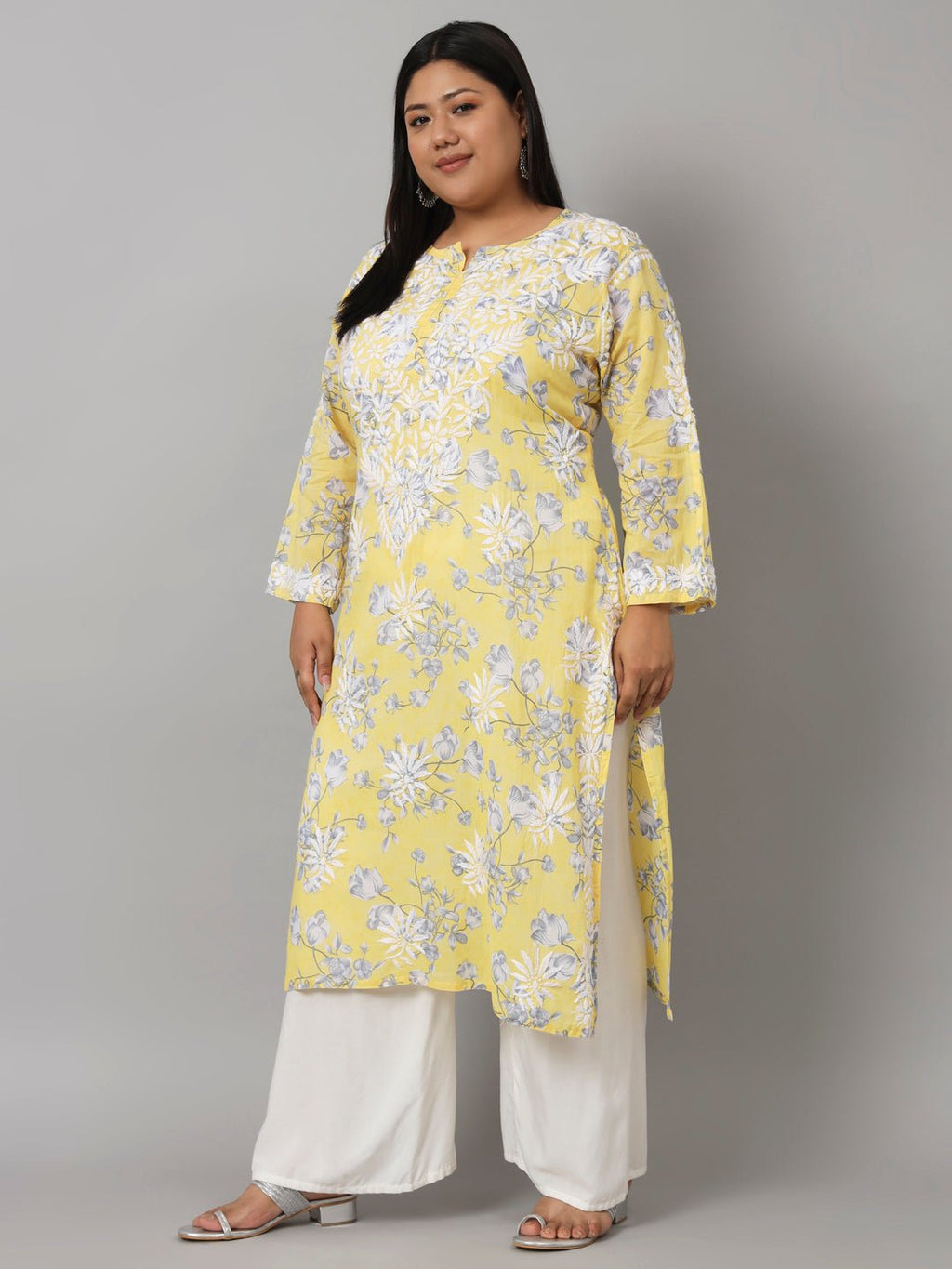 Women’s Hand Embroidered Chikankari Long Kurta in Mulmul Cotton – Available in Plus Sizes - Indiankala4u