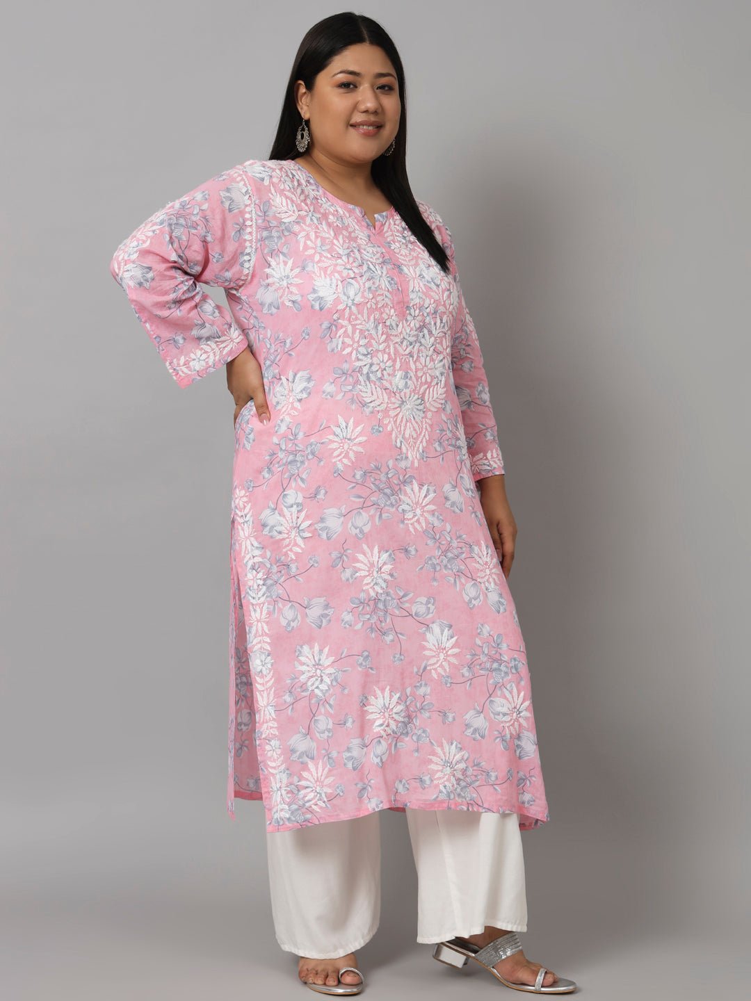 Women’s Hand Embroidered Chikankari Long Kurta in Mulmul Cotton – Available in Plus Sizes - Indiankala4u