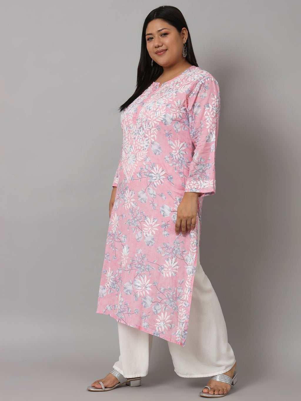 Women’s Hand Embroidered Chikankari Long Kurta in Mulmul Cotton – Available in Plus Sizes - Indiankala4u