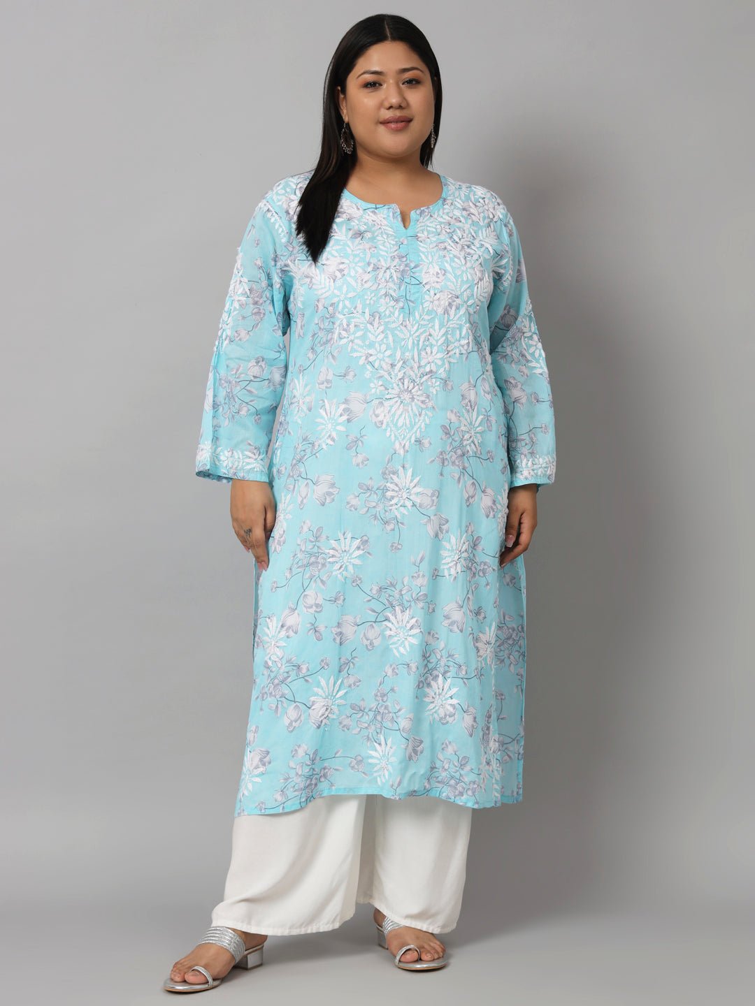 Women’s Hand Embroidered Chikankari Long Kurta in Mulmul Cotton – Available in Plus Sizes - Indiankala4u