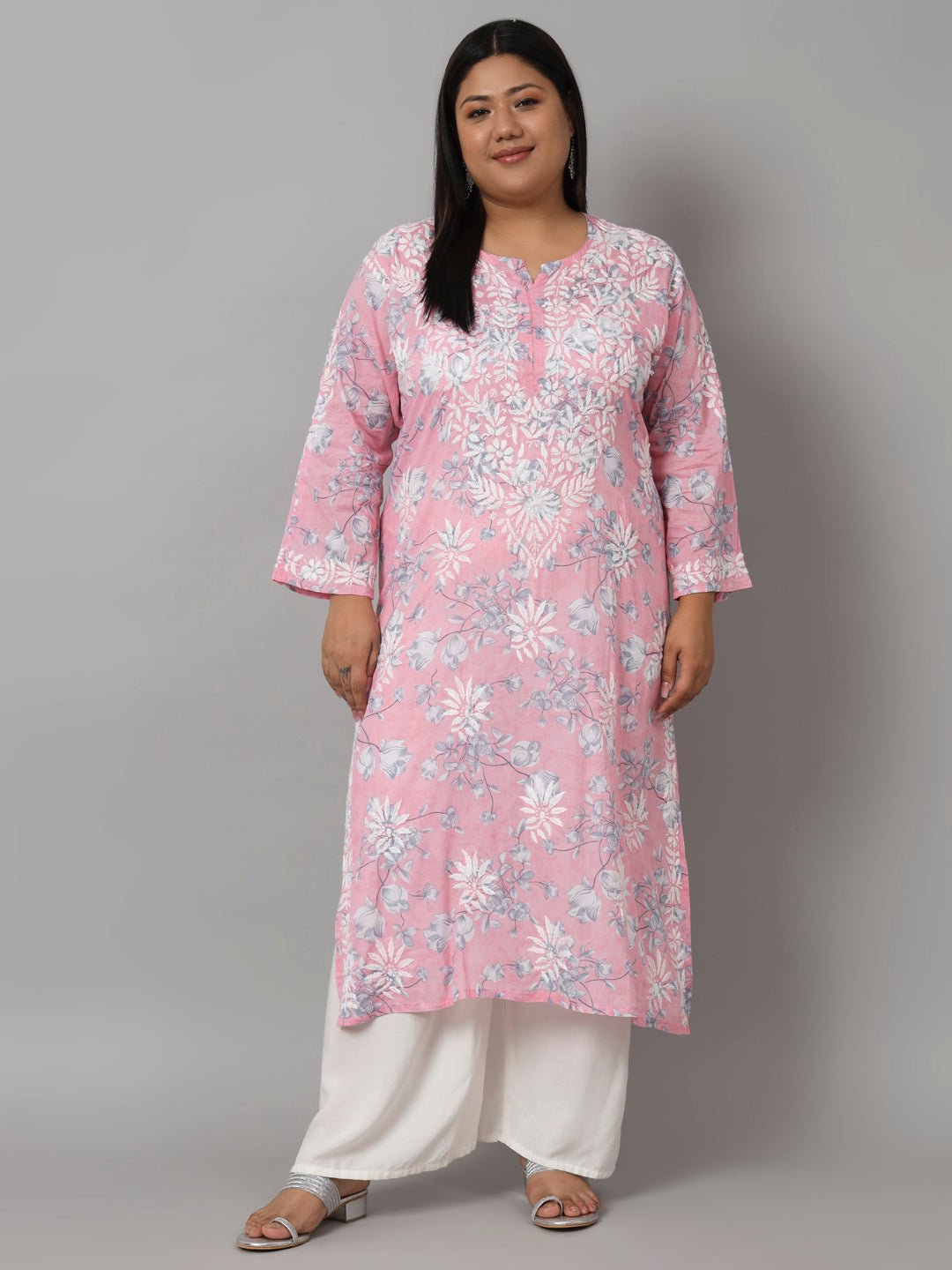 Women’s Hand Embroidered Chikankari Long Kurta in Mulmul Cotton – Available in Plus Sizes - Indiankala4u