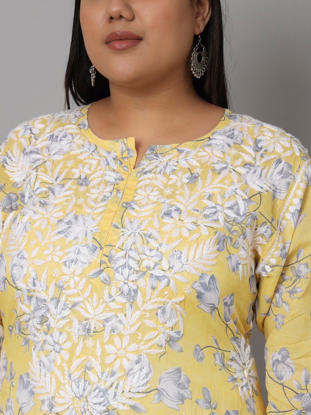 Women’s Hand Embroidered Chikankari Long Kurta in Mulmul Cotton – Available in Plus Sizes - Indiankala4u