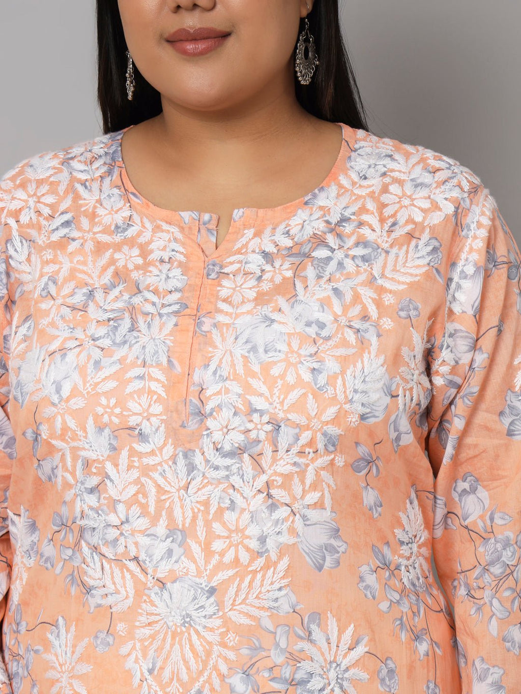 Women’s Hand Embroidered Chikankari Long Kurta in Mulmul Cotton – Available in Plus Sizes - Indiankala4u