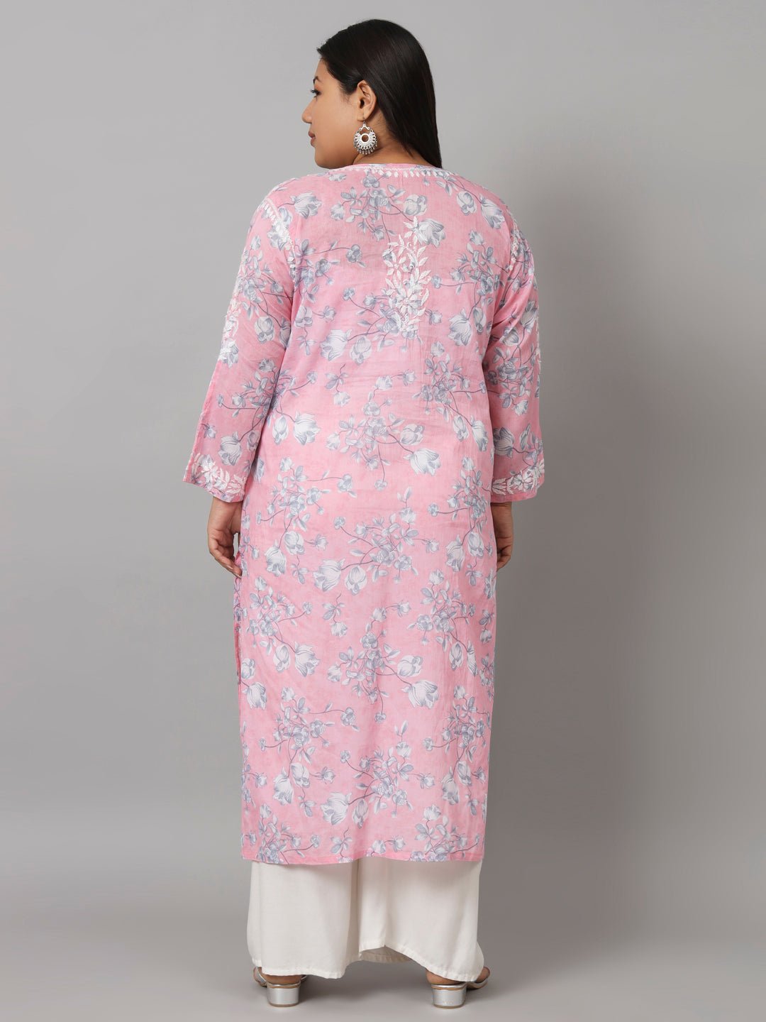 Women’s Hand Embroidered Chikankari Long Kurta in Mulmul Cotton – Available in Plus Sizes - Indiankala4u