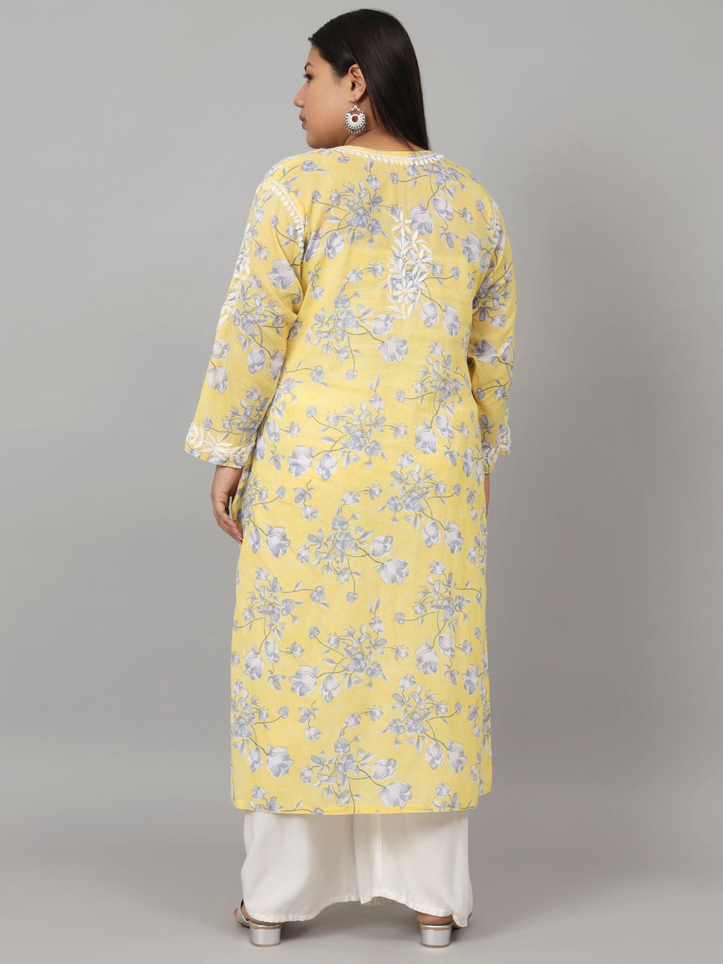 Women’s Hand Embroidered Chikankari Long Kurta in Mulmul Cotton – Available in Plus Sizes - Indiankala4u