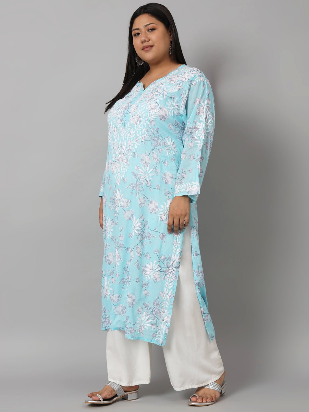 Women’s Hand Embroidered Chikankari Long Kurta in Mulmul Cotton – Available in Plus Sizes - Indiankala4u