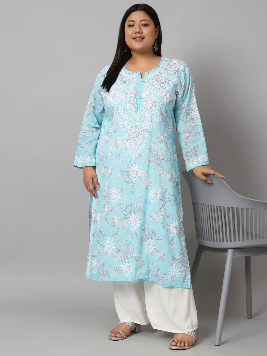 Women’s Hand Embroidered Chikankari Long Kurta in Mulmul Cotton – Available in Plus Sizes - Indiankala4u