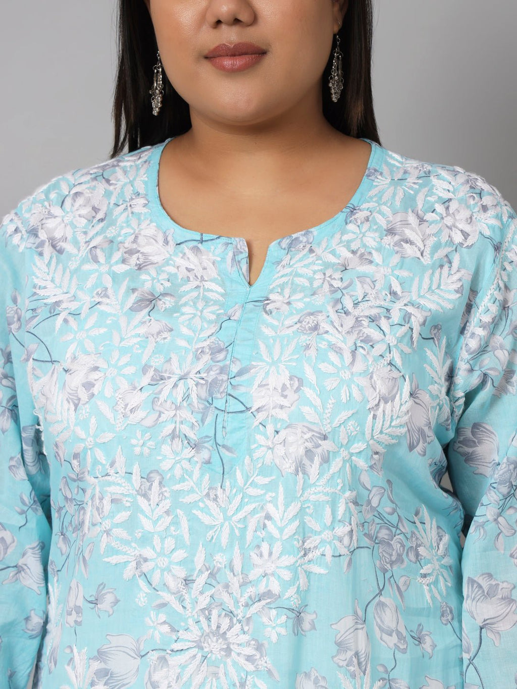 Women’s Hand Embroidered Chikankari Long Kurta in Mulmul Cotton – Available in Plus Sizes - Indiankala4u