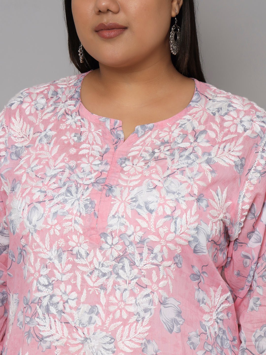 Women’s Hand Embroidered Chikankari Long Kurta in Mulmul Cotton – Available in Plus Sizes - Indiankala4u
