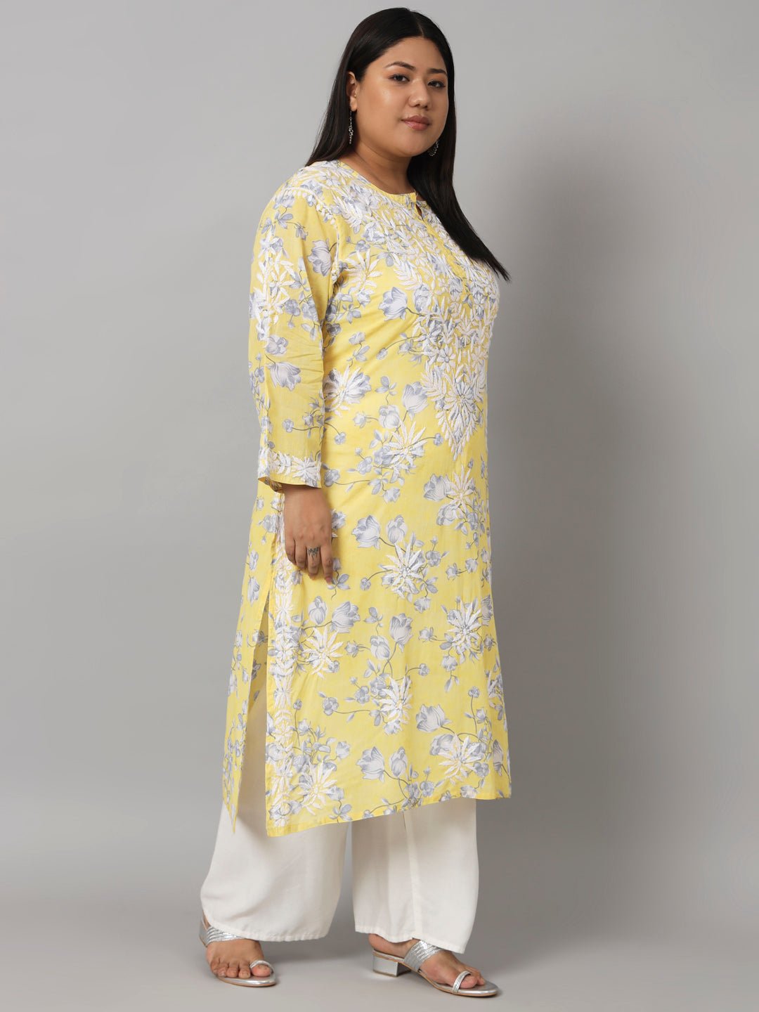 Women’s Hand Embroidered Chikankari Long Kurta in Mulmul Cotton – Available in Plus Sizes - Indiankala4u
