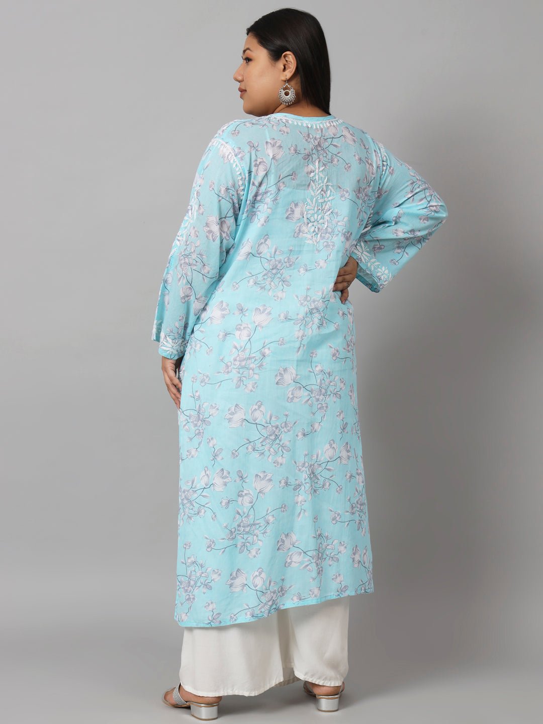 Women’s Hand Embroidered Chikankari Long Kurta in Mulmul Cotton – Available in Plus Sizes - Indiankala4u