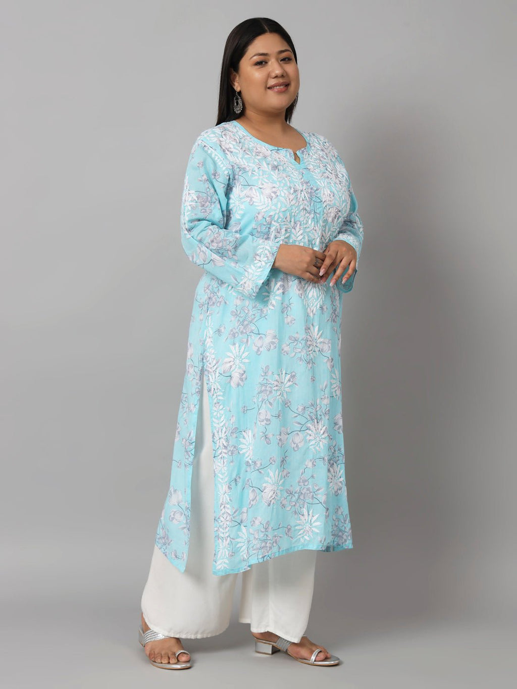 Women’s Hand Embroidered Chikankari Long Kurta in Mulmul Cotton – Available in Plus Sizes - Indiankala4u