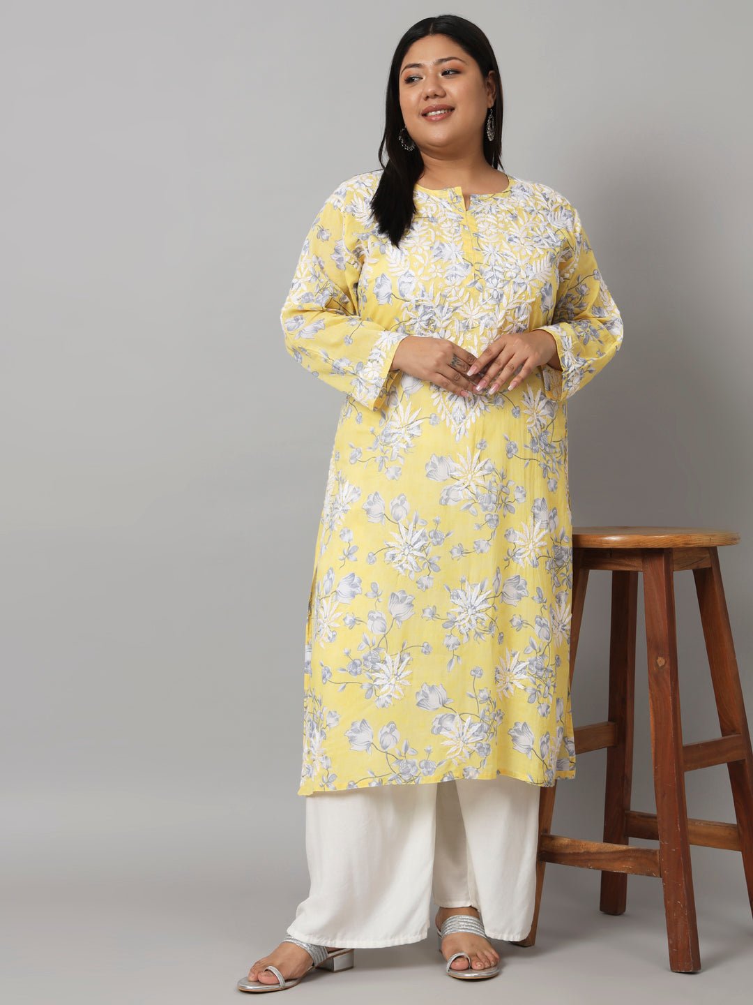 Women’s Hand Embroidered Chikankari Long Kurta in Mulmul Cotton – Available in Plus Sizes - Indiankala4u