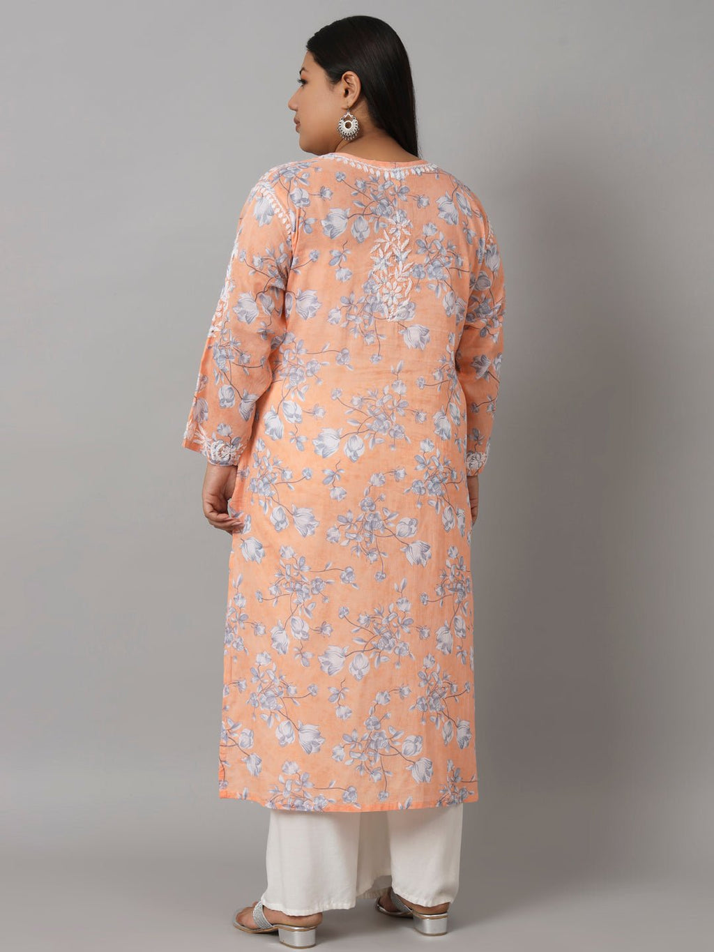 Women’s Hand Embroidered Chikankari Long Kurta in Mulmul Cotton – Available in Plus Sizes - Indiankala4u