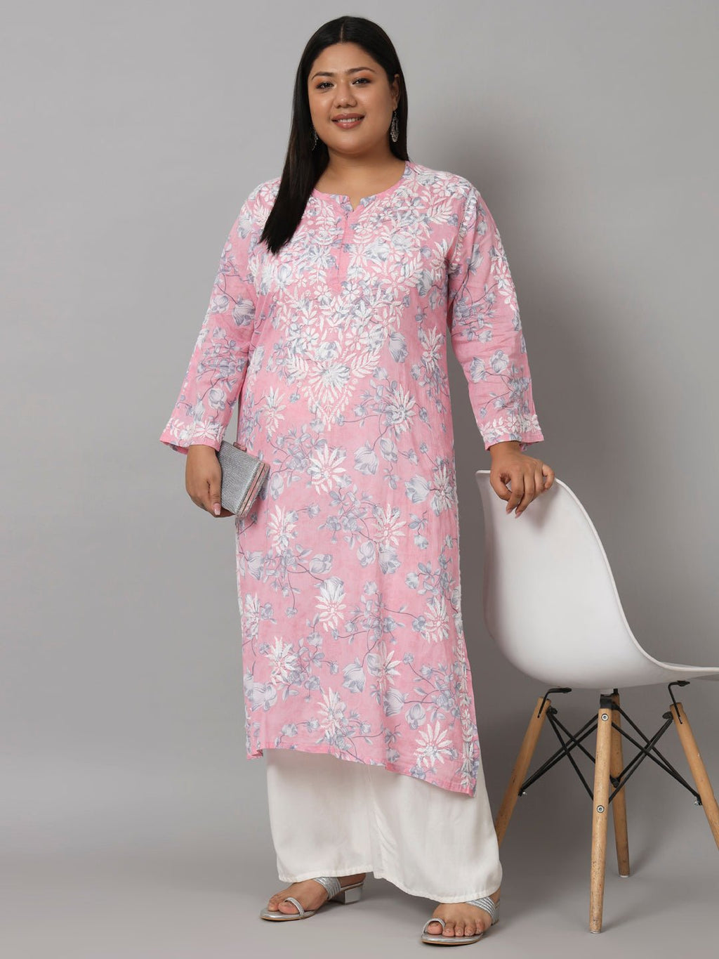 Women’s Hand Embroidered Chikankari Long Kurta in Mulmul Cotton – Available in Plus Sizes - Indiankala4u