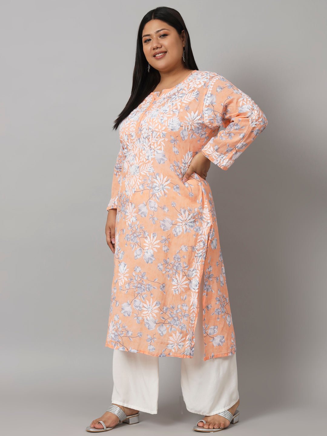 Women’s Hand Embroidered Chikankari Long Kurta in Mulmul Cotton – Available in Plus Sizes - Indiankala4u