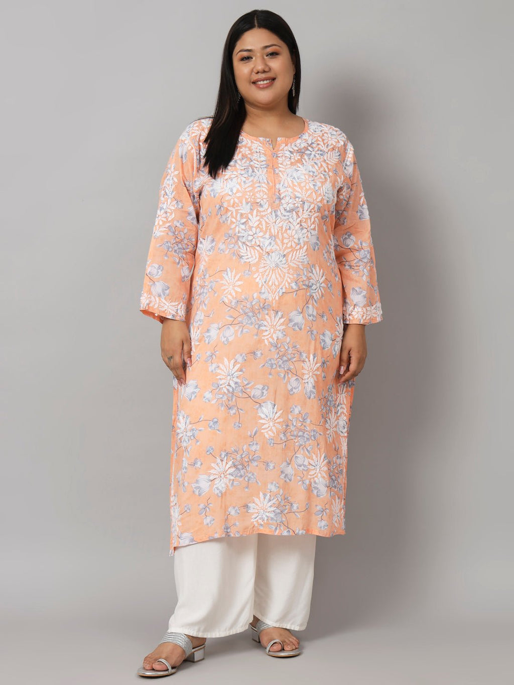 Women’s Hand Embroidered Chikankari Long Kurta in Mulmul Cotton – Available in Plus Sizes - Indiankala4u