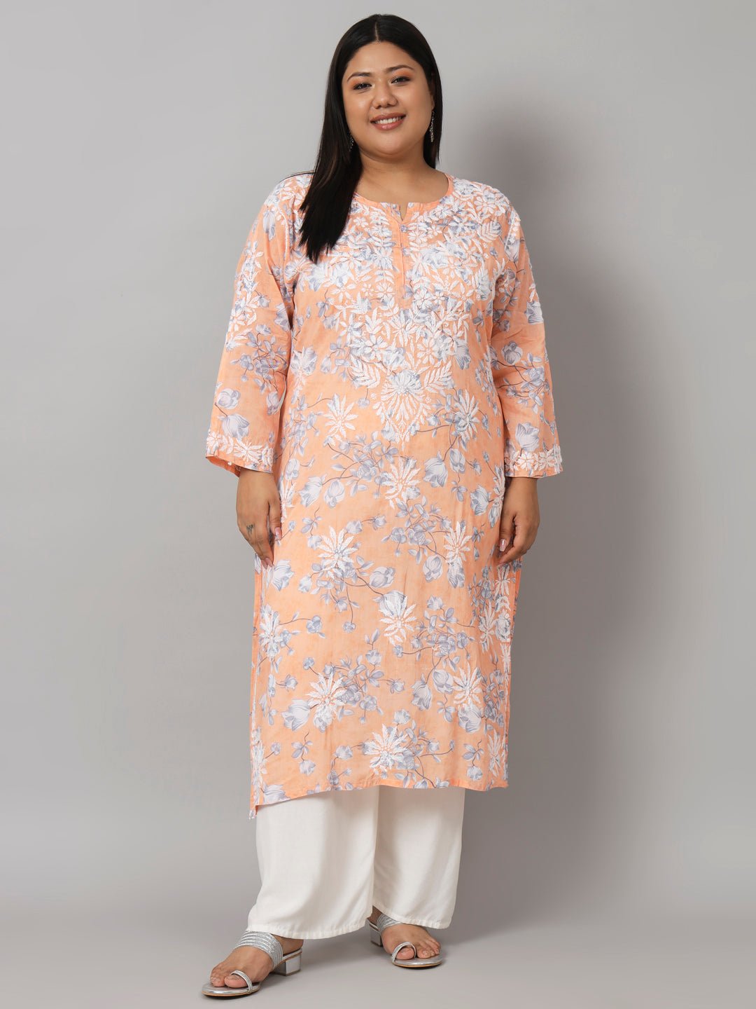 Women’s Hand Embroidered Chikankari Long Kurta in Mulmul Cotton – Available in Plus Sizes - Indiankala4u