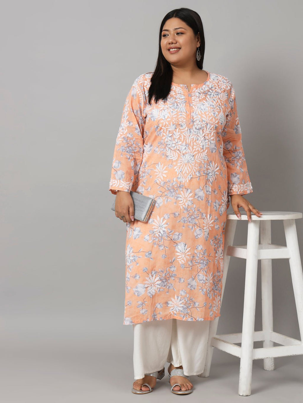 Women’s Hand Embroidered Chikankari Long Kurta in Mulmul Cotton – Available in Plus Sizes - Indiankala4u