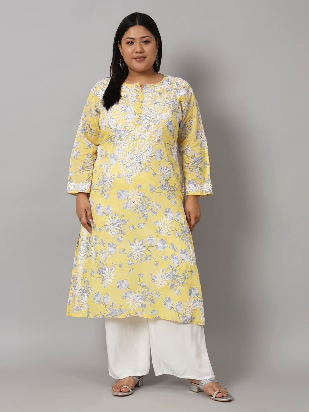 Women’s Hand Embroidered Chikankari Long Kurta in Mulmul Cotton – Available in Plus Sizes - Indiankala4u
