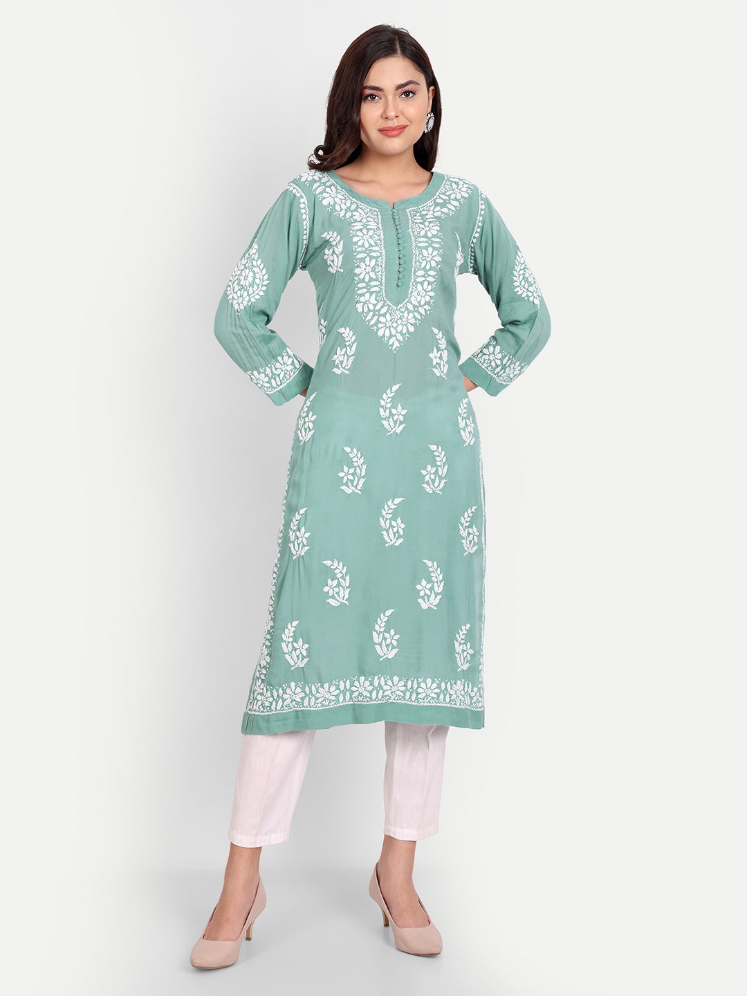 Lucknow Chikankari Hand Embroidered Long kurta for Women  Modal Cotton