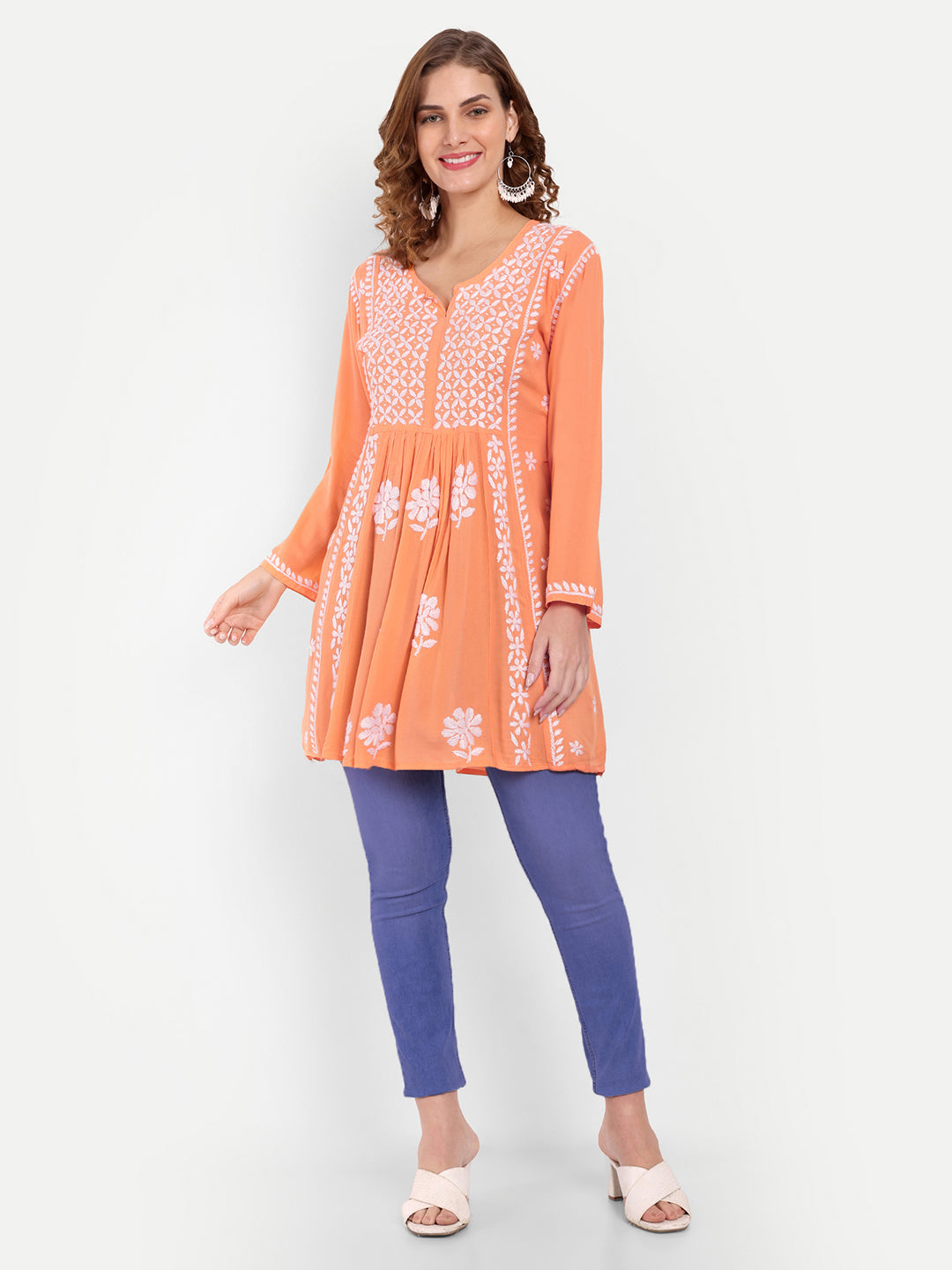 Lucknow Chikankari Hand Embroidered Peplum Fit and Flared Top Short Kurta