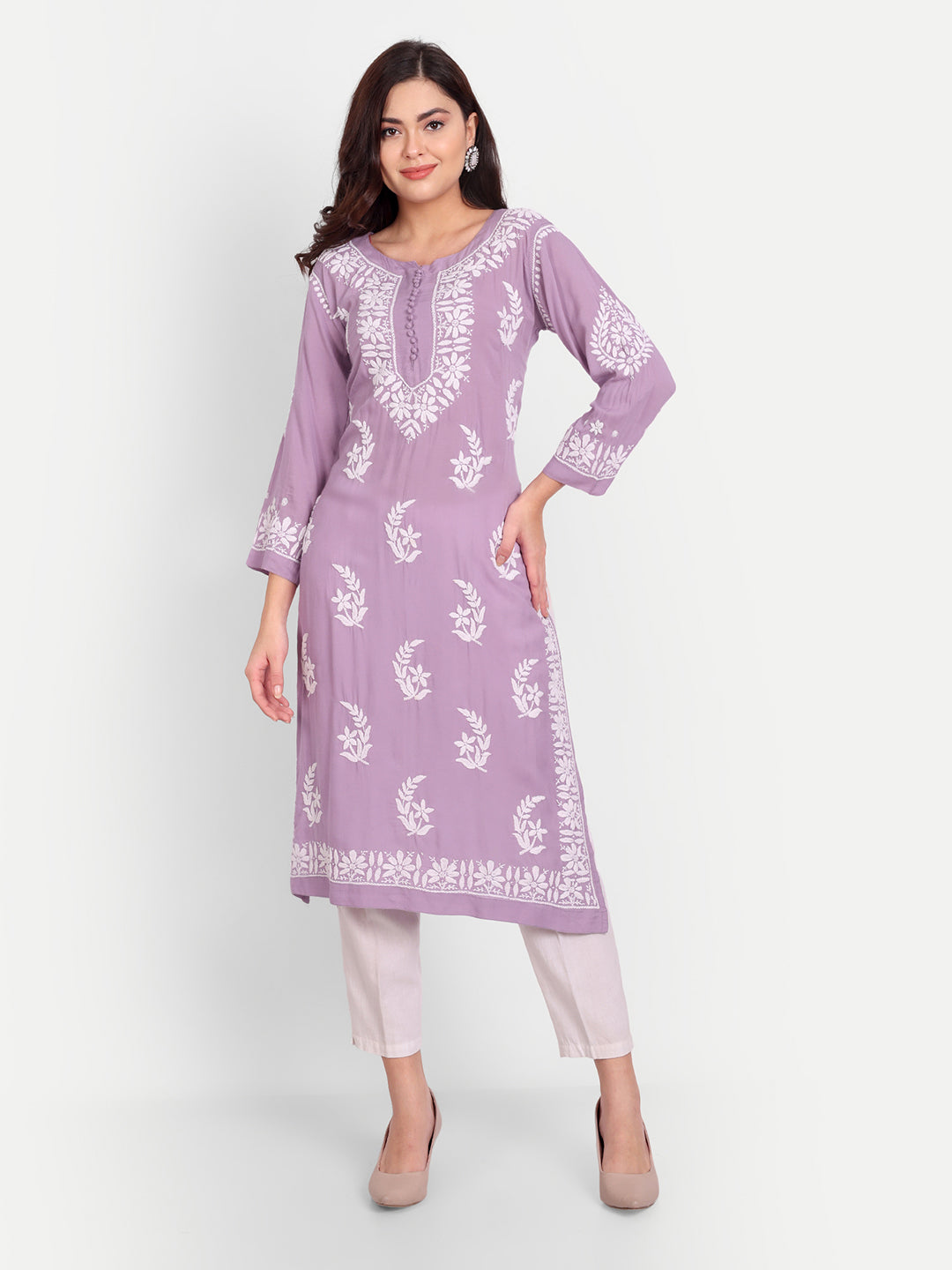 Lucknow Chikankari Hand Embroidered Long kurta for Women  Modal Cotton